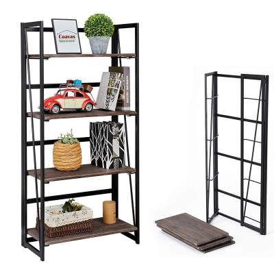 Coavas No-Assembly Folding-Bookshelf Storage Shelves 4 Tiers Bookcase Home Office Cabinet Industrial Standing Racks Study Organizer 23.6 X 11.8 X 49.4 Inches