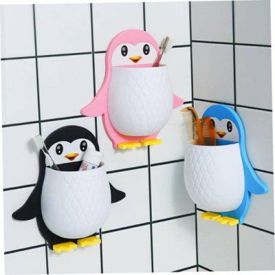 COFP 3-Penguin Toothbrush Holder (Multicolor, Wall Mount)