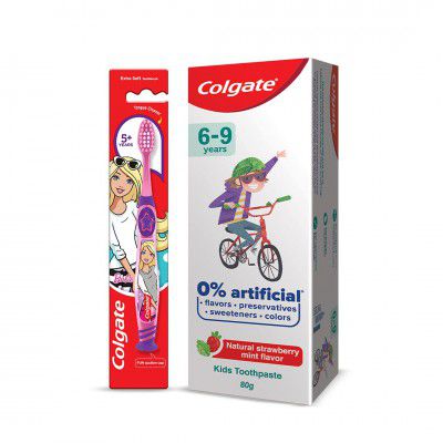 Colgate Kids Cavity Protection Toothpaste for 6-9 Years, 80g, Natural Strawberry Mint Flavour, 0% Artificial, with Colgate Barbie Extra Soft bristles Toothbrush (5+ years)