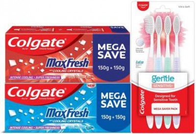 Colgate MaxFresh Red 300g & Blue 300g Toothpaste with Gentle Sensitive Toothbrush 4pcs (1 Items in the set)