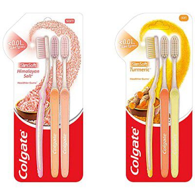 Colgate Slim Soft Turmeric Toothbrush and Slim Soft Himalayan Salt manual Toothbrush for adults (Pack of 6)