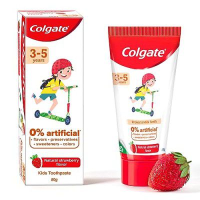 Colgate Toothpaste for Kids (3-5 years), Natural Strawberry Flavour - 80 gr Tube,Cavity Protection,0% artificial preservatives, colors , sweetners