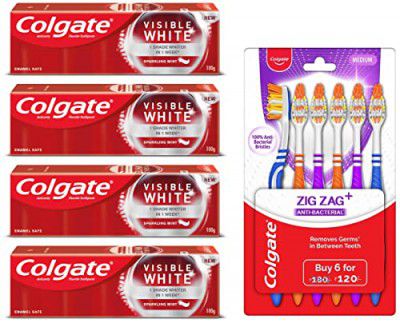 Colgate Visible White Teeth Whitening Toothpaste, Pack of 400gÂ(100g X 4) & ZigZag Manual Toothbrush for adults