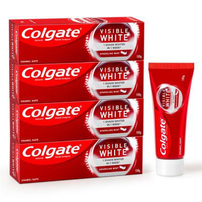 Colgate Visible White 400g (100g x Pack of 4) Teeth Whitening Toothpaste, with Whitening Accelerators for noticeably whiter teeth starting in 1 week. Stain Removal and Minty Flavour for Fresh Breath