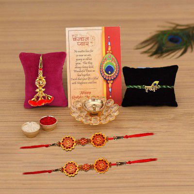 Collectible India Brass Crystal Diya Oil Lamp with Rakhi Gift Combo Set - Rakhi for Bhaiya Bhabhi - Raksha Bandhan Special Card/Lumba Rakhi/Shri Nath Ji Rakhi/Om Rudraksh Rakhi