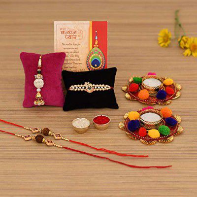 Collectible India Rakhi Gifts for Brother Combo Set - Rakshabandhan Gift for Brother - Assorted Mix Color Flower Design Candle Holder, Shri Nath Ji Rakhi, Lumba Rakhi & Greeting Card