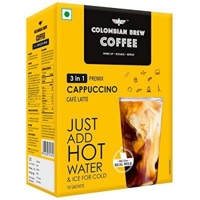 Colombian Brew 3 in 1 Cappuccino Café Latte, Instant Coffee Powder Premix, 10 Sachets Box