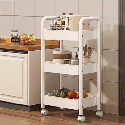 CoolLeaf Kitchen Storage Rack, Steel Kitchen Trolley with Wheels, Hooks and 3-Layer Baskets | White