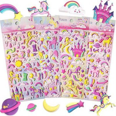 Cots and Cuddles Unicorn 3D Puffy Stickers Set for Kids and Girls, 4 Strap