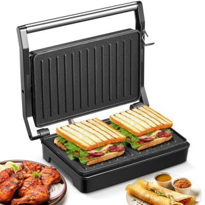 Cozeemax Jumbo Grill 1000 Watt Sandwich Maker, 2 Slice Automatic Grill Sandwich Maker, Non-Stick Griddle Plates, Versatile Folding Health Grill, Automatic Temperature Control (sliver)