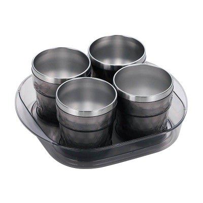 Crackles Insulated Stylish Stainless Steel Tea and Coffee Set of 4 with Crystal Tray for Hot and Cold Drinks- Random Color Will be Sent.