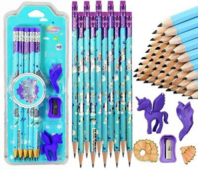 Crackles Shiny Glittery Unicorn Theme Wood Thick Strong 10 Pc Pencils (Random Print, Pack of 1)