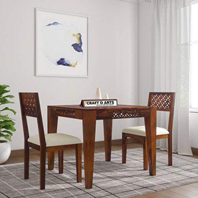 CRAFT D ARTS Wooden Solid Sheesham Wood Dining Table 2 Seater with Cushion | Dining Table Set with 2 Chairs | Honey Finish