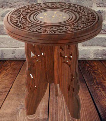 Craftatoz Wooden Table Round Vase with 3 Leg Carving Brass Folding Stool