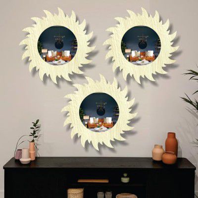 Creative Arts n Frames 11 inch Set of 3 Round Wall Décor Hand Crafted Wooden HD Wall Mirror Panel for Living Room Bedroom Lobby Modern Wall Decor (Pine 2)