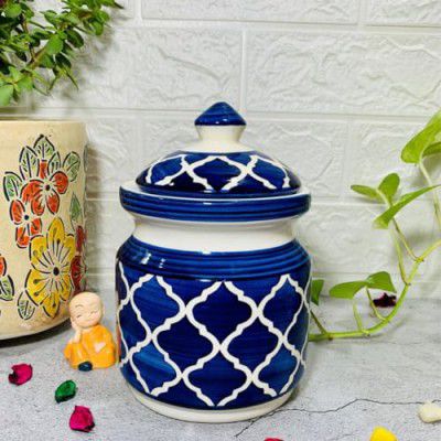 Creative Ceramic Morracan Art Handcrafted Multi Utility Storage Jar With Lid 500 Ml | Ceramic Kitchen Canister | Cookie Jar | Pickle Storage Jar | Burni (Pack Of500Gram &500Ml Approx)), Blue