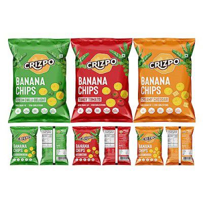 Crizpo Banana Chips - Pack of 6 Combo (270gms) - Tangy Tomato, Creamy Cheddar, Green Chilli Delight (2 x 45g each flavour)