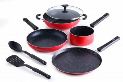 Crystal Classic Series 7-pc Non-Stick Induction Bottom Cookware Set, PFOA Free, Tawa, Fry-Pan, Kadhai with Glass Lid, Sauce Pan with 2 Serving Spoons, Red