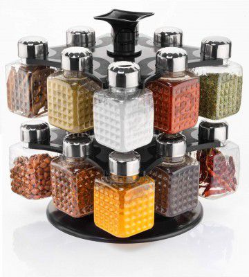 DAAS kitchenware 360 Degree 16 in 1 Revolving Square Shape Transparent Pack of 16 Jar Spice Rack | Container | Square Round Spice Rack(250 ml) with You can Put a Spoon in a jar in 16 Jars, Silver