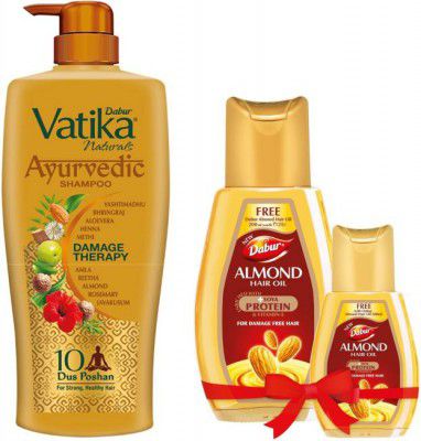 Dabur Almond Hair Oil - 700ml with Vatika Naturals Ayurvedic Shampoo - 640ml  (2 Items in the set)