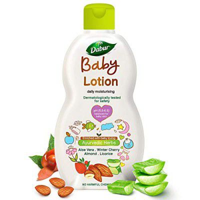 Dabur Baby Lotion: pH 5.5 Balanced for baby skin | No Harmful Chemicals | Contains Aloe Vera, Licorice and Almonds | Hypoallergenic and Dermatologically Tested | No Paraben and Phthalates - 200 ml