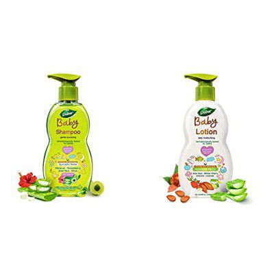 Dabur Baby Shampoo: Gentle Nourishing baby shampoo enriched with baby loving ayurvedic herbs- 500ml & Dabur Baby Lotion: daily moisturising lotion enriched with baby loving ayurvedic herbs- 500ml