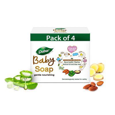 Dabur Baby Soap: For Baby's Sensitive Skin with No Harmful Chemicals |Contains Aloe Vera & Almond Oil | Hypoallergenic & Dermatologically Tested with No Paraben & Phthalates - 75g ( Pack of 4)