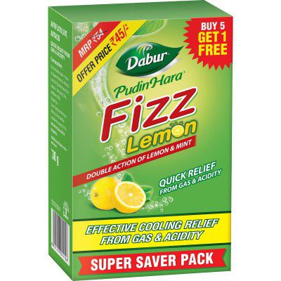 Dabur Pudin Hara Lemon Fizz - 30g (5g x 6 Sachets) | Provides Quick Relief from Gas & Acidity | Effective Cooling Effect | Double Action of Lemon & Mint