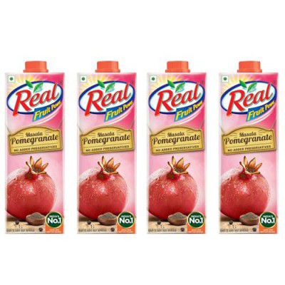 DABUR Real Masala Pomegranate Fruit Juice-1L (Pack of 4)| No Added Preservatives, No Artificial Colours & Flavours|Chatpata Masala|Fruit Nutrition|Tasty, Refreshing & Energizing Fruit Drink