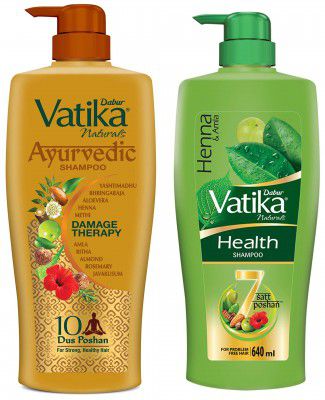 Dabur Vatika Ayurvedic Shampoo, 640ml Power Of Dus Poshan For 10 Hair Problems & Vatika Health Shampoo With Henna & Amla For Problem Free Hair, 640ml