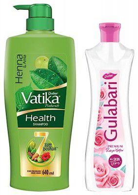 Dabur Vatika Health Shampoo, with Henna & Amla for Problem Free Hair - 640ml & Dabur Gulabari Premium Rose Water – Natural, 400 ml