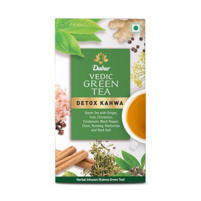 Dabur Vedic Green Tea, Detox Kahwa, 25 Teabags | 8 Real Ayurvedic Herbs and Rock Salt | Zingy, Spicy Taste | Improves Digestion