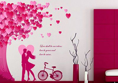 Decals Design 'Romantic Couple Under The Heart Leaves Tree and Love Quote with Bicycle' Wall Sticker (PVC Vinyl, 90 cm x 60 cm, Multicolour)