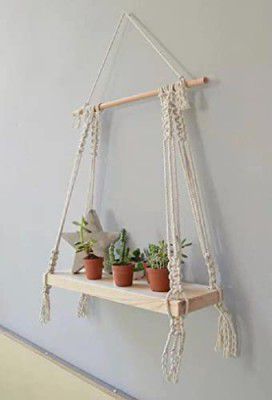 Decazone ® Macramé Wall Hanging Shelf Pine Wood Floating Shelve with Wooden Dowel Modern Chic Woven Décor for Dorm Living Room Nursery Beige 55 x 43cm