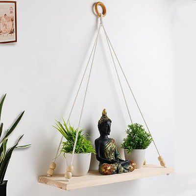 Decazone ® Macrame Wall Hanging Shelf Wood Floating Shelves with Wooden Beads & Ring Modern Chic Decor for Dorm Living Room Nursery Gift Item 55 x 43 cm Beige