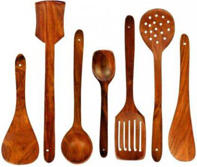 DECORASIA Non Chemical kitchen lovers Brown yellowish Kitchen Tool Wooden Dessert Spoon, Serving Spoon, Salad Spoon, Soup Spoon, Table Spoon Set  (Pack of 7)