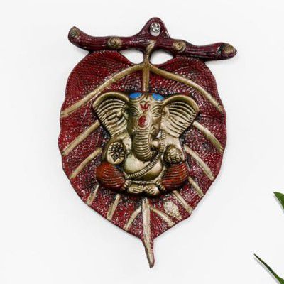 DecorTwist Metal Lord Ganesha on Red Leaf Wall Hanging Sculpture Decorative Religious Showpiece for Home Wall Decor, Pooja Room, Temple & House Warming Gift Purpose