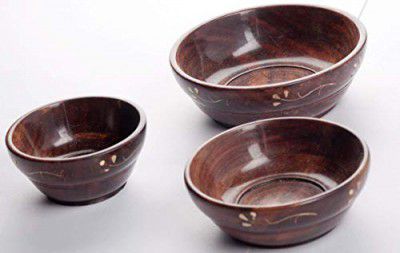 Deluxe Wood HANDICRAFTS Wooden Serving Bowl - Decorative Fruit Bowl - Food-Safe Bowl - Natural Wood Snack Bowl/Sheesham Wooden Set of .3 Bowls