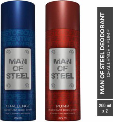 DENVER Combo of Man Of Steel Challenge + Pump Long lasting Deodorant Spray - For Men (400 ml, Pack of 2)