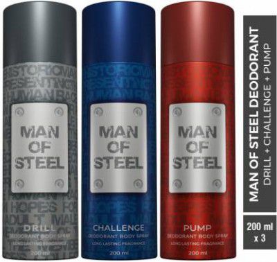 DENVER Combo of Man Of Steel Drill + Challenge + Pump Long lasting Deodorant Spray - For Men  (600 ml, Pack of 3)