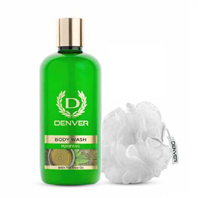 DENVER Purifying Body Wash with Tea Tree Oil - 325MLwith Loofah | Soap Free formula - Deep Cleansing Bath Gel Cleanser for Men