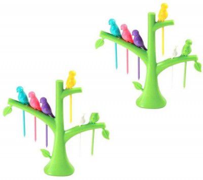 DeoDap Bird Plastic Fruit Fork Set with Stand Pack of 2 Set