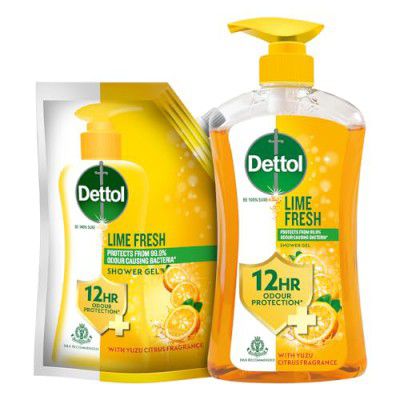 Dettol Body Wash and Shower Gel for Women and Men, Lime Fresh - 500ml With 450ml Refill | Soap-Free Bodywash | 12h Odour Protection