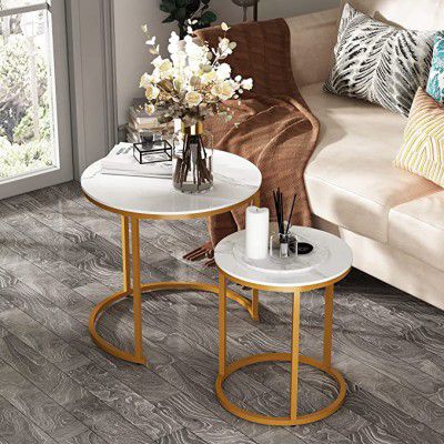 Dime Arts Shoppee Round Nesting Table Simple Modern Small Round Table MDF Top Metal Table Living Room Sofa Set of 2 (Golden White)