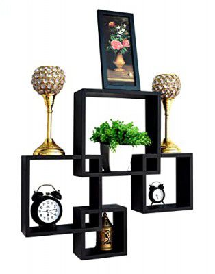 Dime Store Intersecting Wall Mounted Wall Shelves Wall Racks for Home Decor Items (Set of 4, Black)