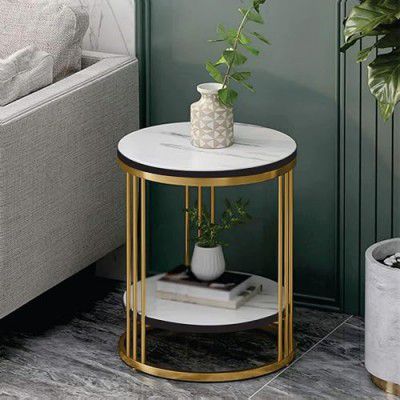 Dime Store Metal Double Top Side Table, End Table for Living Room Coffee Snack Table for for Living Room Bedroom | Night Stand Table for Bedroom Furniture (Golden & White)