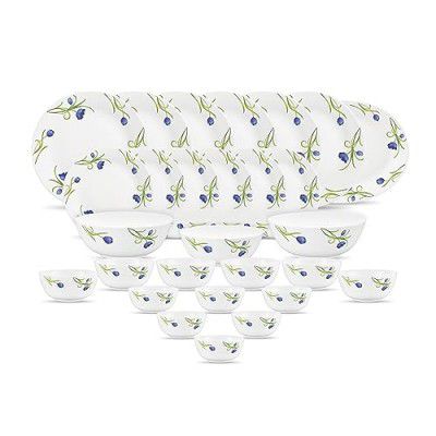 Diva by La Opala, Pearl Collection, Opal Glass Dinner Set 28 pcs, Turquoise Trims, White