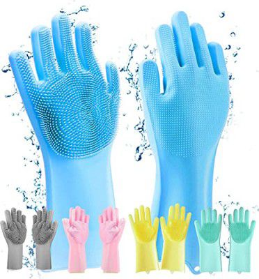 Domum Silicone Dish Washing Gloves, Silicon Cleaning Gloves, Silicon Hand Gloves for Kitchen Dishwashing and Pet Grooming, Great for Washing Dish, Car, Bathroom (Multicolor, 1 Pair)