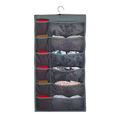 Double R Bags Closet Hanging Organizer with Mesh Pockets & Metal Hanger, Dual Sided Wall Shelf Wardrobe Storage Bags, Cloth Space Saver Bag for Bra Underwear Underpants Socks (Grey,30 Pocket)