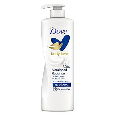 Dove Body Love Nourished Radiance Body Lotion For Very Dry Skin 48hrs Moisturisation Paraben Free with Plant Based moisturiser Soft Radiant Skin 400ml